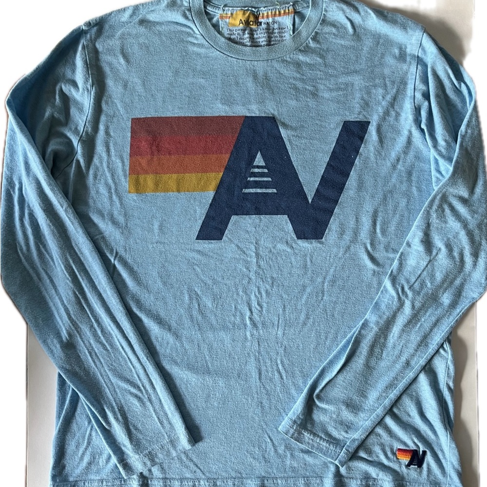 Aviator Nation Aqua Long Sleeve Boyfriend T-Shirt with Multicolor Logo